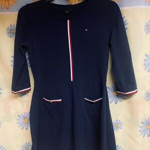 Tommy Hilfiger Blue Sheath Dress with 3/4 Cuffed Sleeves and Crew Neck